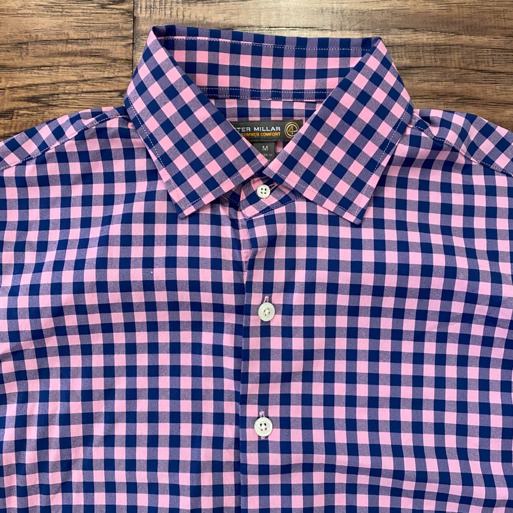 Peter Millar Summer Comfort Shirt Men M Pink Navy Gingham Performance LS
